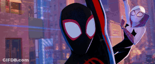 A Cartoon Of Spider-Man And Ghost Spider Flying Through The Air GIF