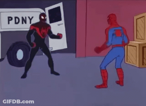 A Cartoon Of Spider-Man And Miles Morales Fighting In Front Of A Van That Says Pdny GIF