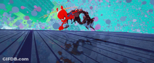 A Cartoon Of Spider-Man Fighting A Giant Spider GIF