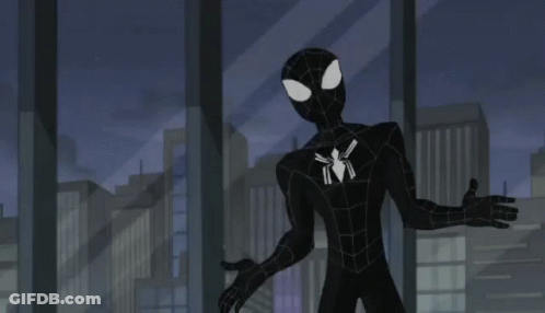 A Cartoon Of Spider-Man Fighting Venom In A Room With People In The Background . GIF