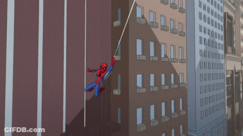 A Cartoon Of Spider-Man Flying Through A City Street GIF