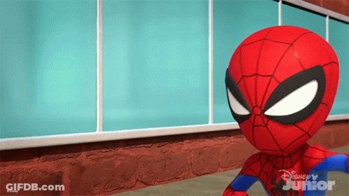 A Cartoon Of Spider-Man From Disney Junior Is Standing In Front Of A Window GIF