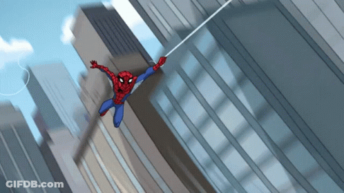 A Cartoon Of Spider-Man Hanging From A Rope Between Two Buildings GIF