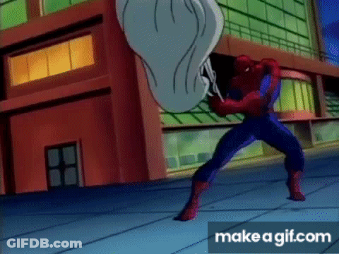 A Cartoon Of Spider-Man Holding A Spider Web In His Hands . GIF