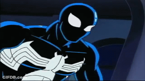 A Cartoon Of Spider-Man In A Black And Blue Suit With A Spider On His Chest . GIF