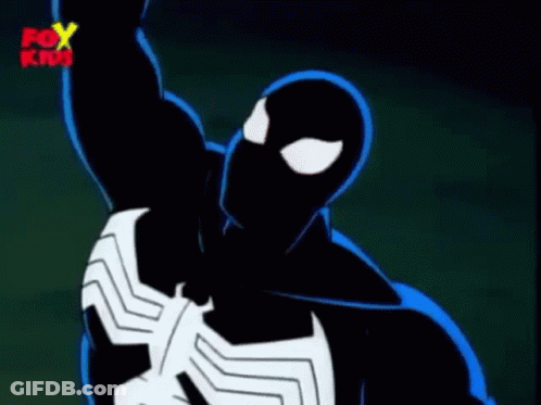 A Cartoon Of Spider-Man In A Black Suit Is Flying Through The Air With His Arms In The Air . GIF