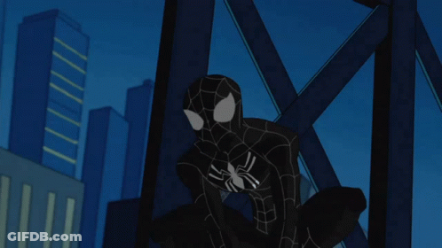 A Cartoon Of Spider-Man In A Black Suit Standing In Front Of A City Skyline GIF