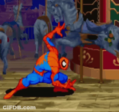 A Cartoon Of Spider-Man Is Kneeling Down In Front Of A Carousel GIF
