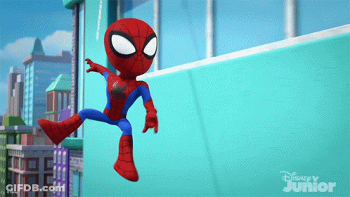 A Cartoon Of Spider-Man Jumping Over A Wall With Disney Junior Written In The Corner GIF