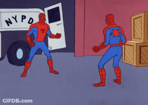 A Cartoon Of Spider-Man Pointing At Another Spider-Man In Front Of A Nypd Car GIF