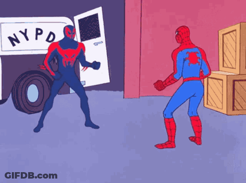 A Cartoon Of Spider-Man Pointing At Another Spider-Man In Front Of A Nypd Truck GIF
