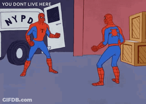 A Cartoon Of Spider-Man Pointing At Another Spider-Man In Front Of A Nypd Truck GIF