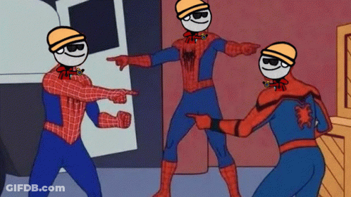 A Cartoon Of Spider-Man Pointing At Another Spiderman GIF