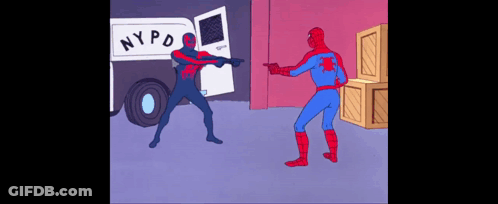 A Cartoon Of Spider-Man Pointing At Another Spiderman In Front Of A Nypd Van GIF