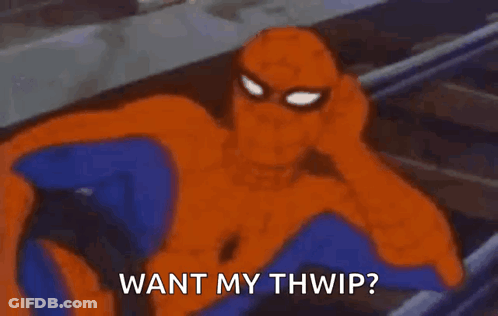 A Cartoon Of Spider-Man Saying `` Want My Thwip? '' GIF