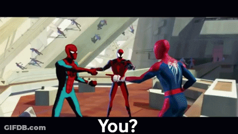 A Cartoon Of Spider-Man Shaking Hands With Another Spider-Man With The Caption " You " GIF