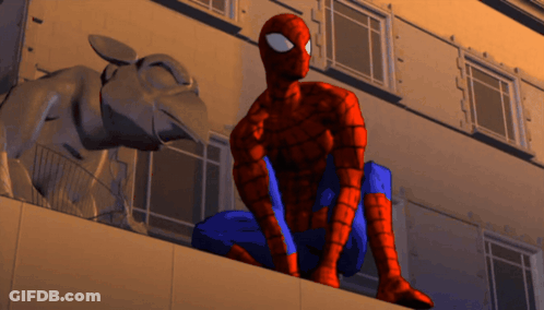 A Cartoon Of Spider-Man Sitting On A Building With A Statue In The Background GIF