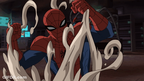 A Cartoon Of Spider-Man With Smoke Coming Out Of His Hand GIF