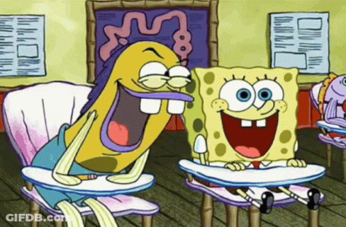 A Cartoon Of Spongebob And A Cartoon Character Laughing GIF