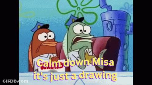 A Cartoon Of Spongebob And A Fish Saying Calm Down Misa It 'S Just A Drawing GIF