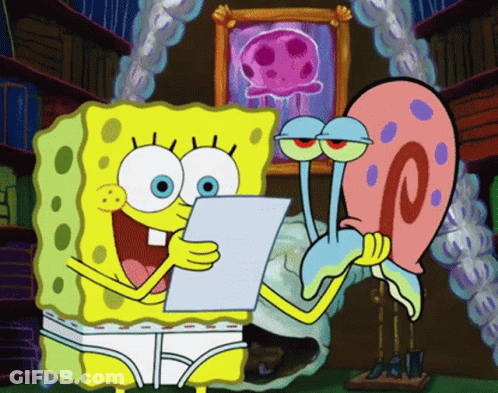 A Cartoon Of Spongebob And Gary Reading A Paper GIF