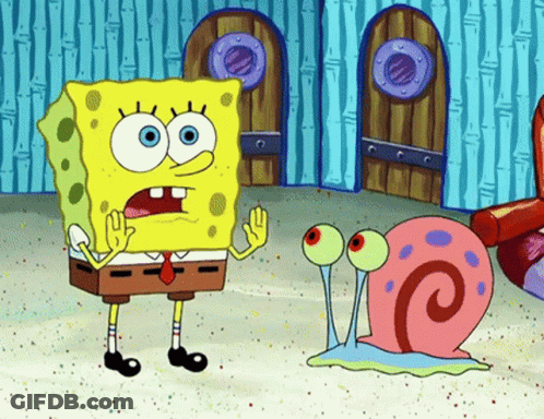 A Cartoon Of Spongebob And Gary The Snail Standing Next To Each Other GIF
