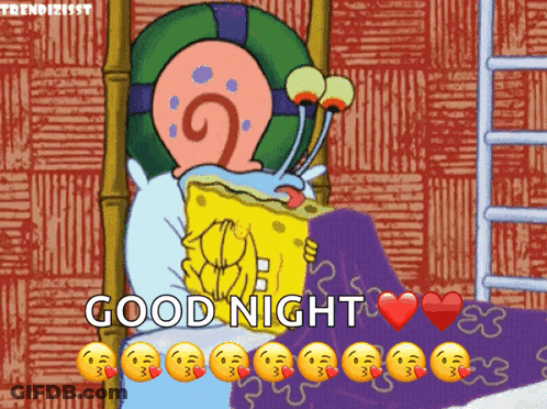 A Cartoon Of Spongebob And Gary Wishing Good Night GIF