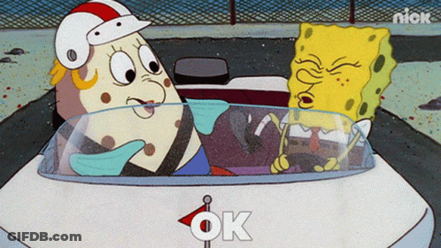 A Cartoon Of Spongebob And Mrs. Bikini Bottom In A Car That Says " Ok " GIF