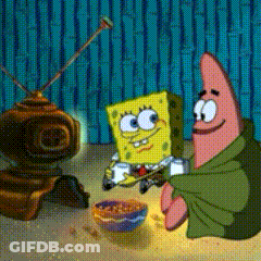 A Cartoon Of Spongebob And Patrick Eating Cereal In Front Of A TV GIF