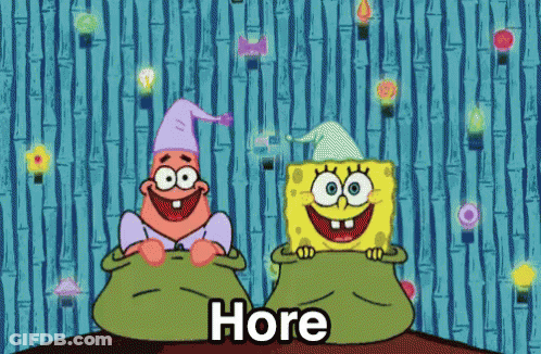 A Cartoon Of Spongebob And Patrick Holding A Bag That Says " More " GIF