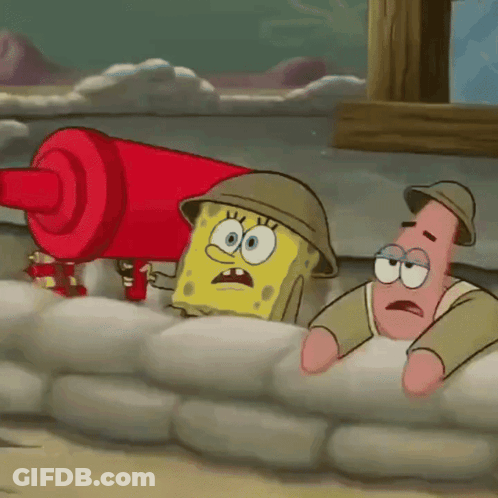 A Cartoon Of Spongebob And Patrick In A War Scene GIF