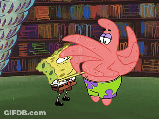 A Cartoon Of Spongebob And Patrick In Front Of A Library GIF