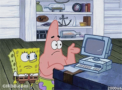 A Cartoon Of Spongebob And Patrick Looking At A Computer Monitor GIF