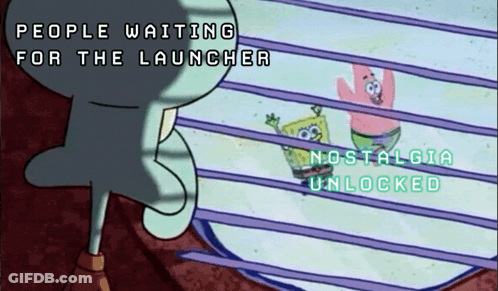 A Cartoon Of Spongebob And Patrick Looking Out A Window With The Caption People Waiting For The Launcher GIF