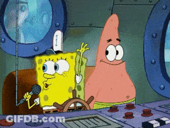 A Cartoon Of Spongebob And Patrick On A Boat With A Microphone GIF