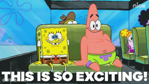 A Cartoon Of Spongebob And Patrick On A Bus With The Words " This Is So Exciting " GIF