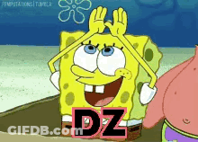A Cartoon Of Spongebob And Patrick On The Beach With The Word Dz In The Corner GIF