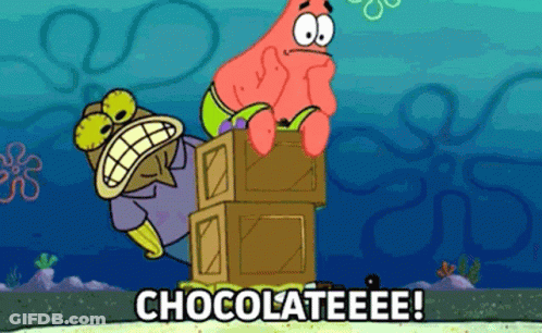A Cartoon Of Spongebob And Patrick Saying " Chocolateeee " GIF