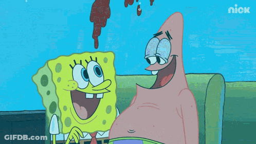 A Cartoon Of Spongebob And Patrick Sitting On A Couch With The Nick Logo In The Corner GIF