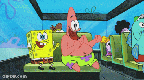 A Cartoon Of Spongebob And Patrick Sitting On Bus Seats GIF