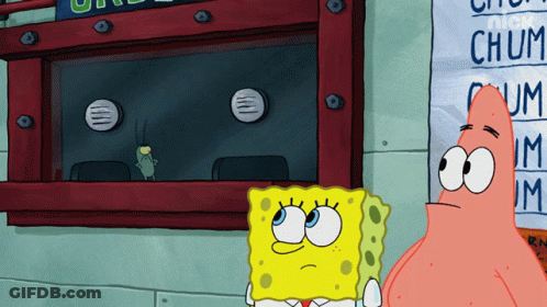 A Cartoon Of Spongebob And Patrick Standing In Front Of A Sign That Says Chuck GIF
