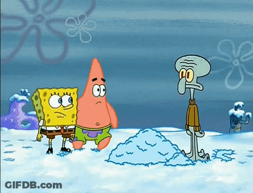 A Cartoon Of Spongebob And Patrick Standing In The Snow GIF