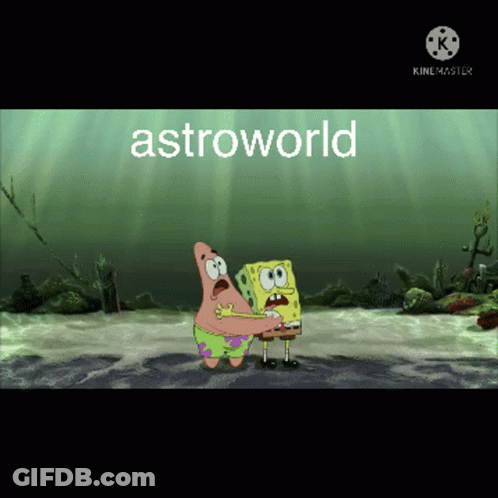 A Cartoon Of Spongebob And Patrick Standing In The Water With The Words Astroworld Written On The Bottom GIF