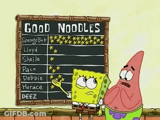 A Cartoon Of Spongebob And Patrick Standing Next To A Blackboard That Says Good Noodles . GIF