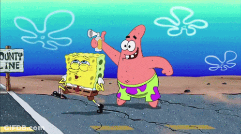 A Cartoon Of Spongebob And Patrick Standing Next To A Sign That Says Bounty Line GIF