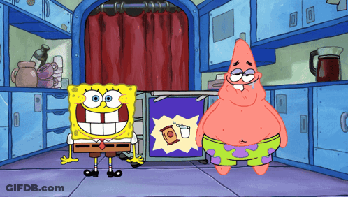 A Cartoon Of Spongebob And Patrick Standing Next To Each Other In A Kitchen GIF
