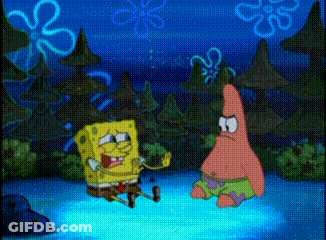 A Cartoon Of Spongebob And Patrick Standing Next To Each Other In The Water GIF