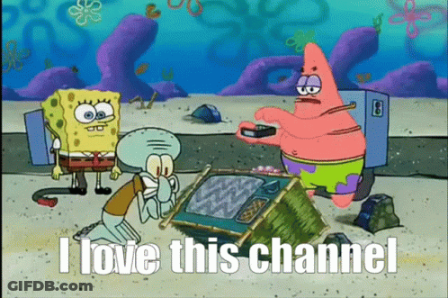 A Cartoon Of Spongebob And Patrick That Says " I Love This Channel " GIF