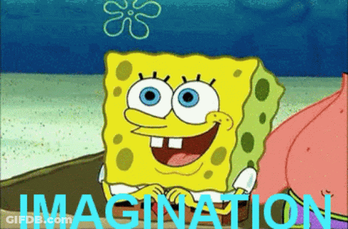 A Cartoon Of Spongebob And Patrick With The Word Imagination In Blue GIF