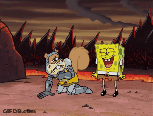 A Cartoon Of Spongebob And Sandy Cheeks Kneeling In The Dirt GIF